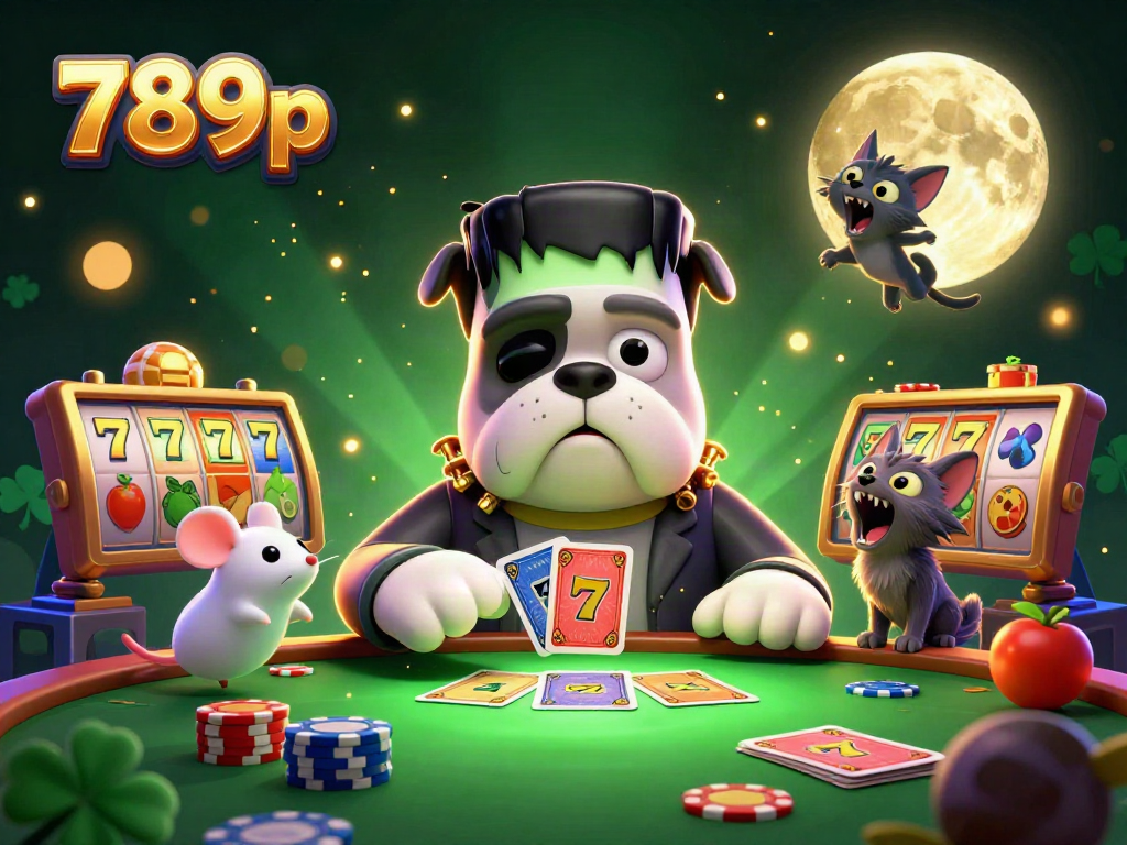 Engage in thrilling card games with 789p's vibrant casino scene featuring a bulldog dealer.