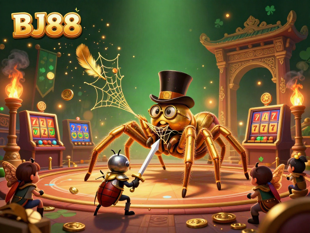 BJ88 casino illustration showcasing a giant tarantula and brave knight amid dynamic gaming elements.