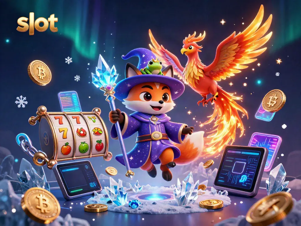 Engage in slot adventures with a wizard fox and phoenix, exploring vibrant casino elements.