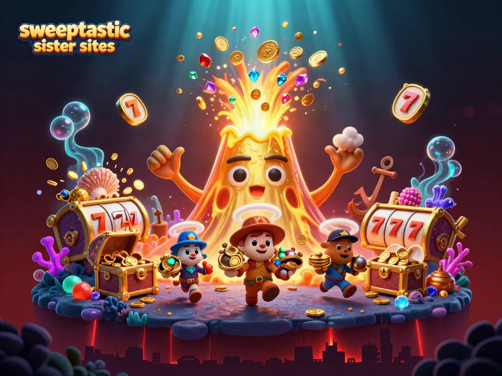 Sweeptastic sister sites showcase vibrant games, featuring a golden volcano, treasures, and slot reels.