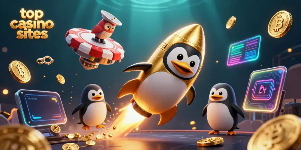 Experience exciting wins at top casino sites, featuring a golden penguin soaring past crypto elements.