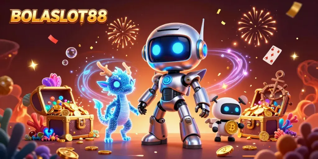 BOLASLOT88 showcases a vibrant casino scene with a futuristic robot, holographic dragon, and drone surrounded by treasures.