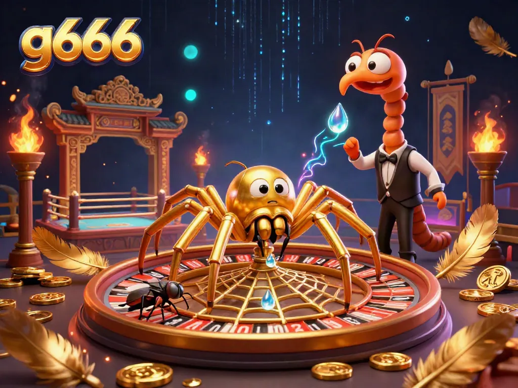 Engaging 3D scene of g666 with a golden spider in a roulette web, capturing betting excitement.