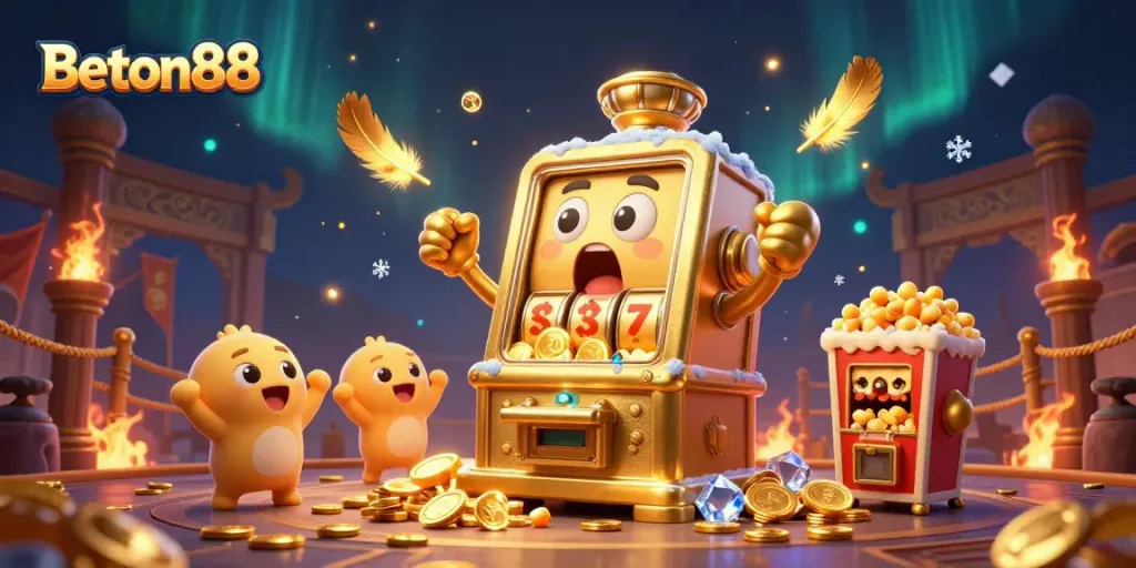 Slot jackpot di Beton88 mengeluarkan koin, dengan mesin slot kecil bersorak dan mesin popcorn sebagai teman.