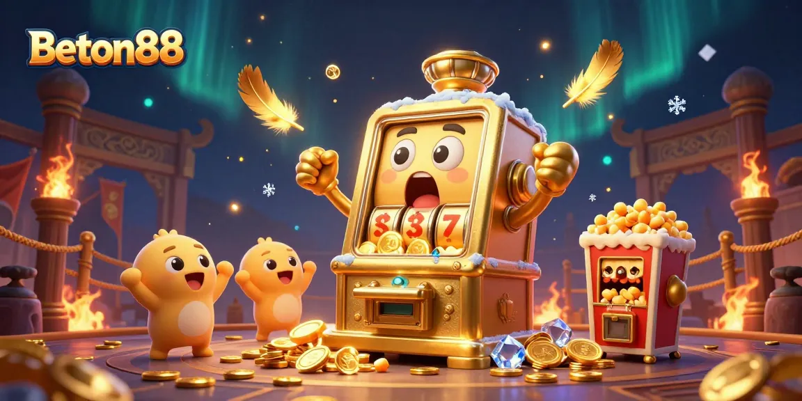 Slot jackpot di Beton88 mengeluarkan koin, dengan mesin slot kecil bersorak dan mesin popcorn sebagai teman.