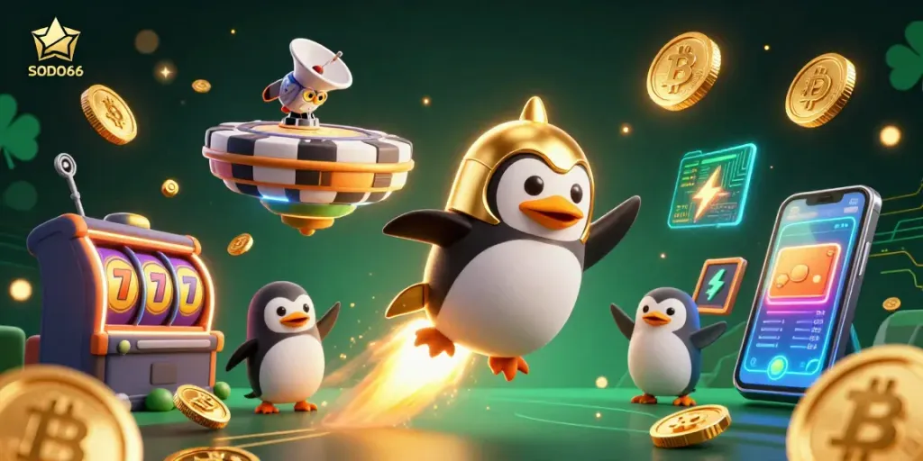 SODO66 penguin rockets through the cosmos to a poker chip casino, adorned with vibrant slot elements.