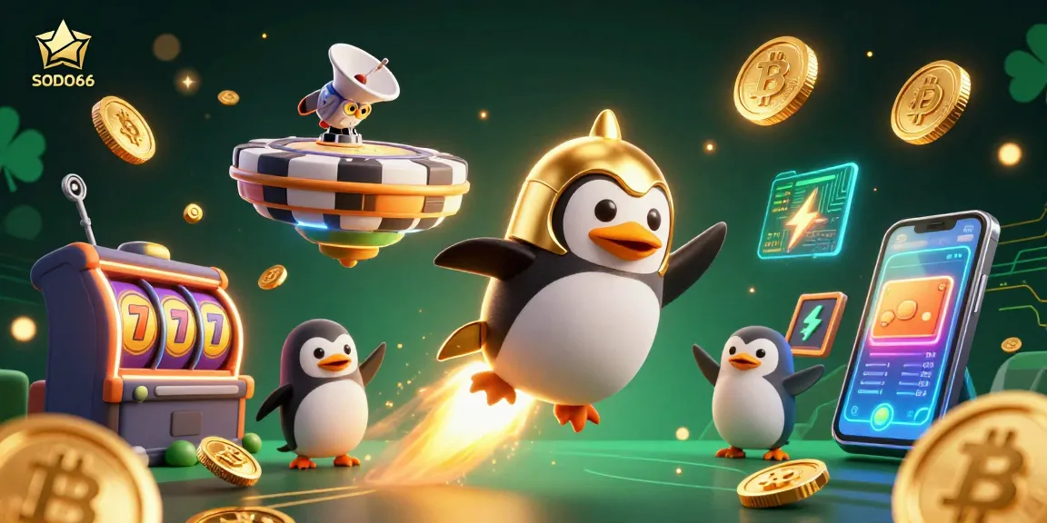 SODO66 penguin rockets through the cosmos to a poker chip casino, adorned with vibrant slot elements.