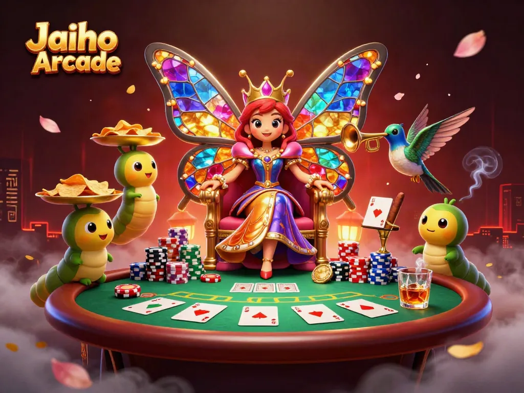 Engage with Jaiho Arcade's vibrant casino scene featuring a butterfly queen and poker elements.
