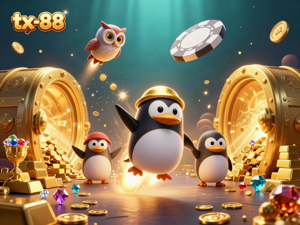Experience the excitement of tx-88 with a golden penguin racing toward a vibrant casino setting filled with treasures.