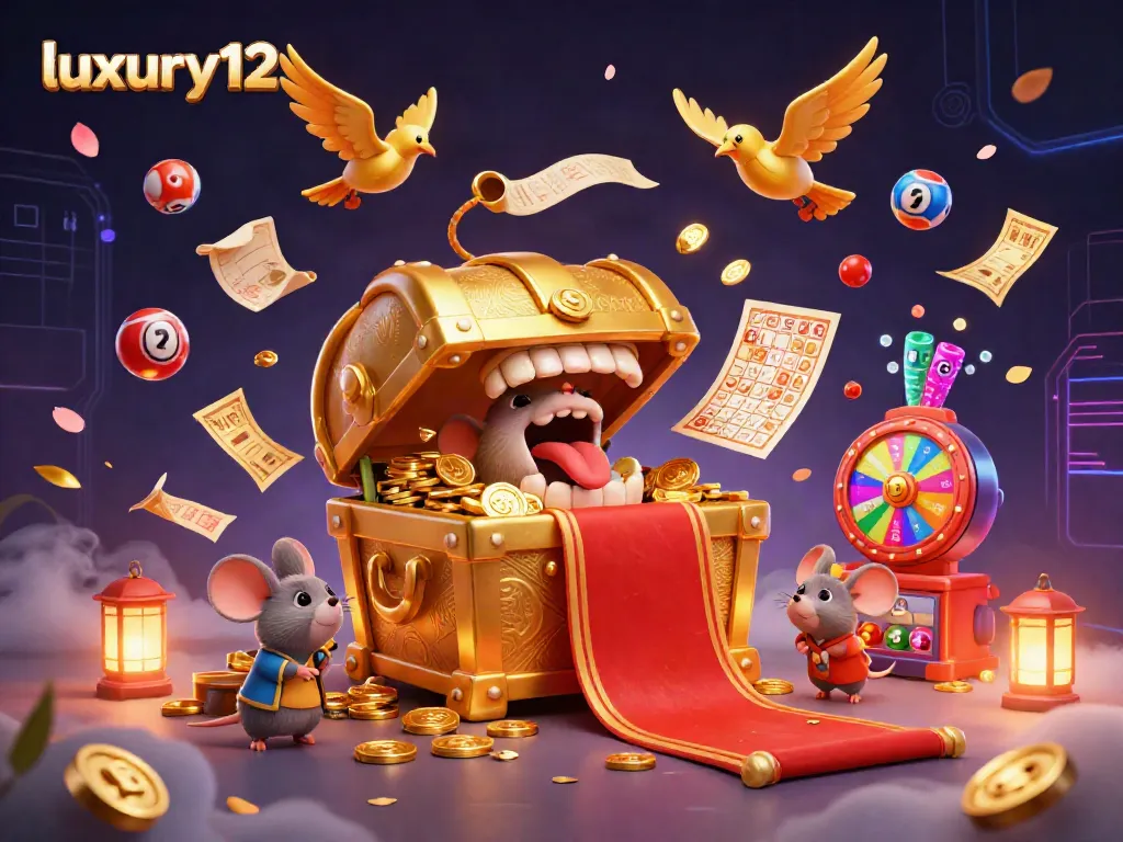 Engaging scene featuring luxury12 with a treasure chest, colorful lottery balls, and casino elements in a lively casino atmosphere.