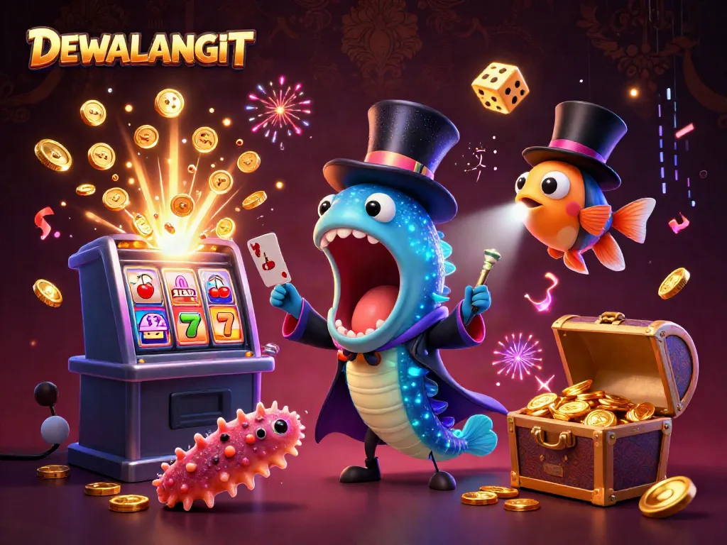 DEWALANGIT menampilkan jam tangan jackpot dan karakter kasino dalam ilustrasi 3D yang menarik.